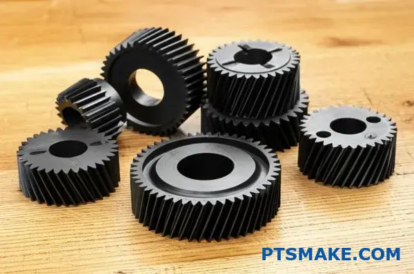 Forskellige nylongear med forskellige materialekvaliteter, herunder glasfyldte og oliefyldte varianter til CNC-bearbejdning