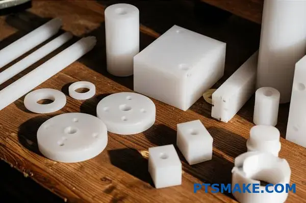 Forskellige hvide nylonkomponenter klar til præcise CNC-bearbejdningsprocesser på værkstedsbordet