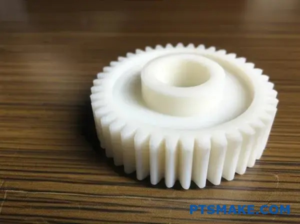 Nærbillede af præcisionsbearbejdet hvidt nylongear, der viser detaljerede tænder og glat finish fra CNC-fremstillingsprocessen