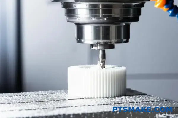 Nærbillede af CNC-maskine, der præcist skærer hvidt nylongear og viser ren spåndannelse og korrekt bearbejdningsteknik