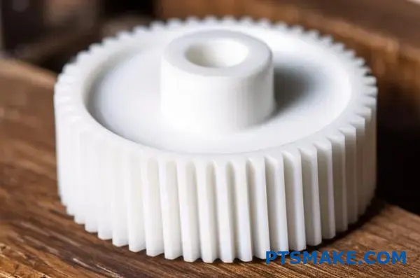 Nærbillede af præcisionsbearbejdet nylongear, der viser glat overfladekvalitet fra CNC-fremstillingsprocessen