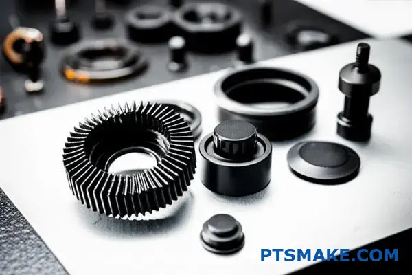 Samling af CNC-bearbejdede nylonkomponenter, der viser forskellige efterbehandlingsteknikker til industri- og forbrugerapplikationer