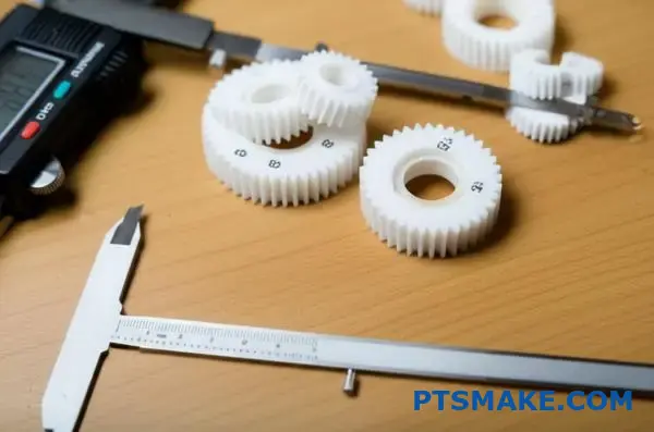 Digitale skydelærer, der måler hvid nylon, bearbejdet gearkomponent, der viser præcision i cnc-fremstillingens kvalitetskontrolproces