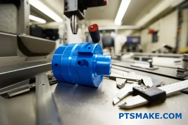 Blåt bearbejdet nylonstykke med digital skydelære til cnc-fremstillingskvalitetskontrol og dimensionsverifikation