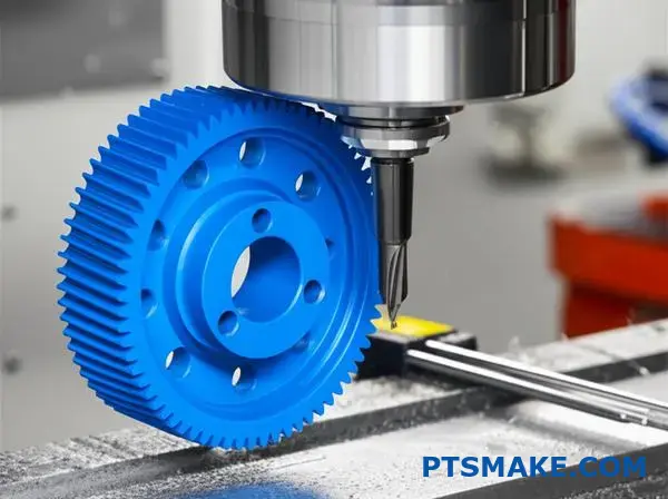 Præcisions-CNC-bearbejdning af blåt nylongear, der viser detaljeret skæreproces og dimensionsnøjagtighed