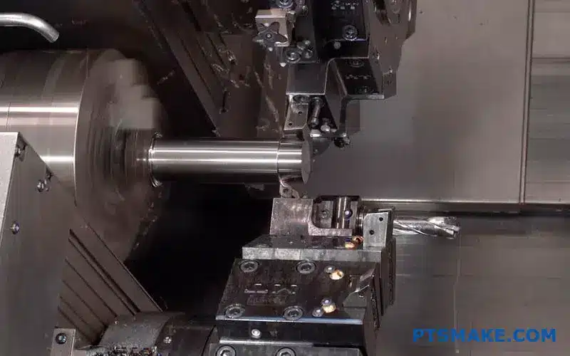 Máquina de torno CNC mecanizando con precisión un eje cilíndrico metálico con herramienta de corte creando un acabado liso.