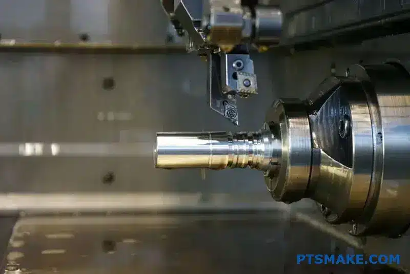 Torno CNC mecanizando un eje de aluminio de precisión con herramienta de corte y virutas de metal sobre la mesa del taller.