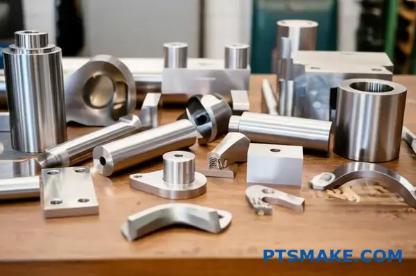 Verschiedene maschinell bearbeitete Teile aus Titan, die eine präzise CNC-Fertigung und nachhaltige Produktionsmethoden demonstrieren