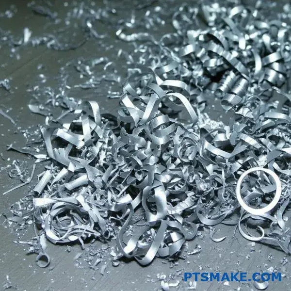 Titan-Bearbeitungsabfälle und Metallspäne auf dem Werkstatttisch, die Nebenprodukte der CNC-Bearbeitung zeigen
