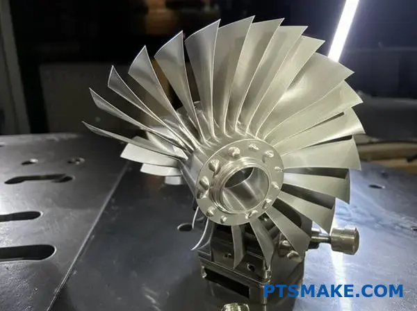 Komplexe Turbinenschaufel aus Titan, die die Möglichkeiten der CNC-Präzisionsbearbeitung für Anwendungen in der Luft- und Raumfahrt aufzeigt