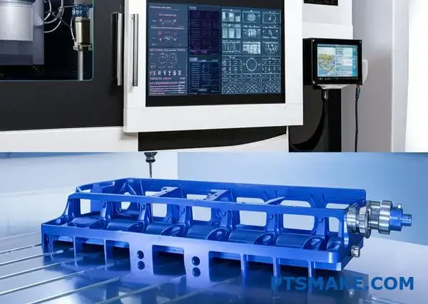 Modernes CNC-Bearbeitungszentrum mit integrierter KI-Qualitätskontrolle zur Überwachung der Präzisionsfertigung von Luft- und Raumfahrtkomponenten