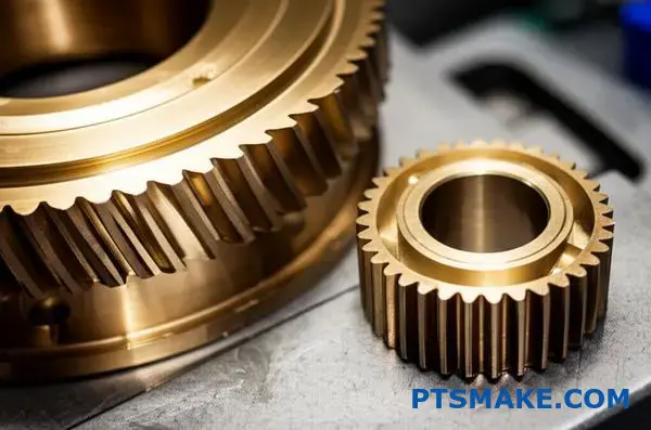 Präzisionsgefertigtes Bronzezahnrad und -buchse, die die Qualität der CNC-Bronzebearbeitung und die verschleißfesten mechanischen Eigenschaften unterstreichen