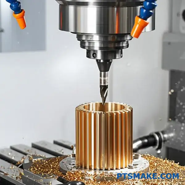 Präzisions-CNC-gefrästes Bronzezahnrad mit komplizierter Zahnstruktur und goldener Oberfläche auf einer industriellen Werkbank