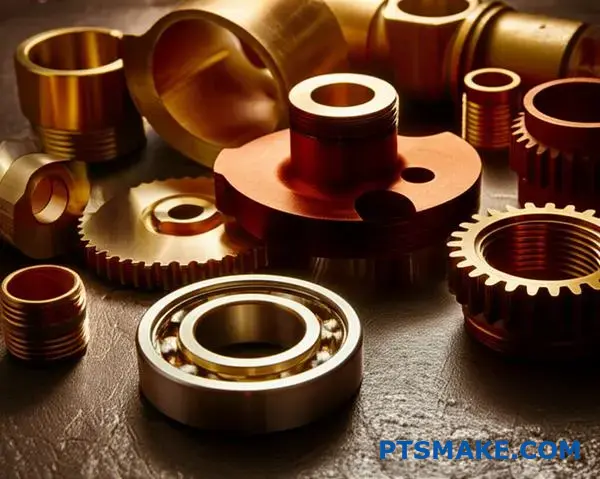 Verschiedene Komponenten aus Bronzelegierungen für CNC-Bearbeitungsanwendungen, die auf einer Werkbank ausgestellt sind und verschiedene Bronzequalitäten und -oberflächen zeigen