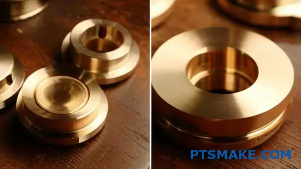 CNC-gefräste Bronzeteile mit polierter Oberfläche und Entgratungsprozessen auf dem Werkstatttisch
