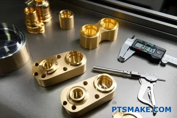 Präzisions-Bronzeteile bei der Maßkontrolle mit Messwerkzeugen zur Überprüfung der Qualitätskontrolle bei der CNC-Bearbeitung
