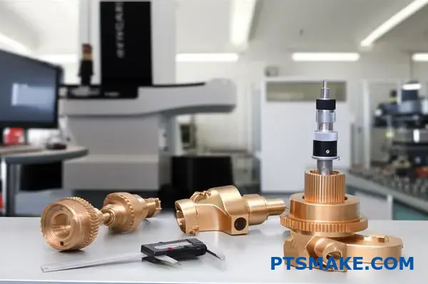 Bronzeteile mit Präzisionsmesswerkzeugen für die Qualitätsprüfung und Maßkontrolle in der CNC-Fertigung
