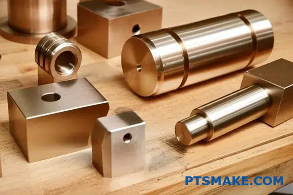 Mehrere präzise CNC-gefertigte Bronzeteile mit verschiedenen Geometrien und Oberflächenbehandlungen auf dem Werkstatttisch