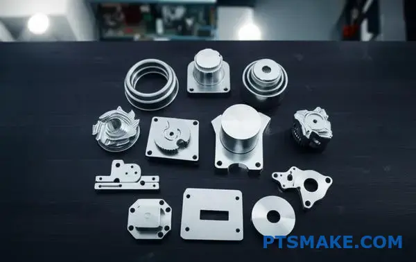 Various precision machined components displayed for CNC manufacturing cost evaluation and budgeting analysis