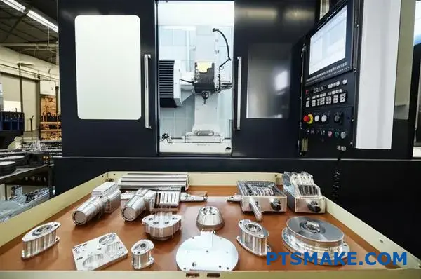 Multiple precision machined parts on industrial workbench demonstrating CNC manufacturing services scalability from prototype to production