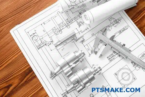 Engineering blueprints with precision machined components demonstrating professional CNC manufacturing collaboration and technical documentation