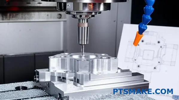 CNC milling machine precisely manufacturing aluminum automotive bracket showcasing advanced machining services capabilities