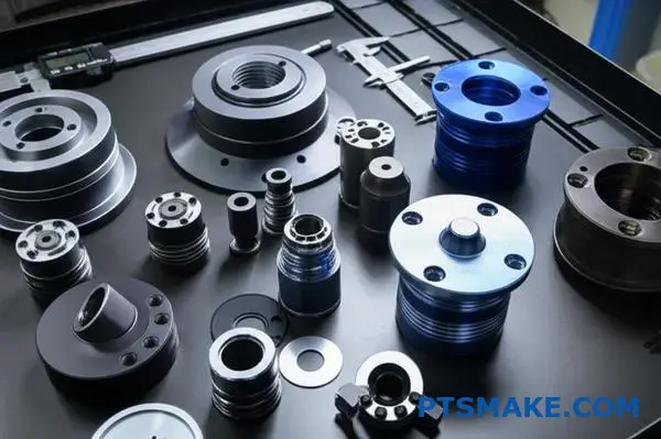 CNC-bearbejdede aluminiumskomponenter med høj præcision og snævre tolerancer vises på inspektionsbordet til måling af kvalitetskontrol