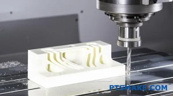 Precyzyjny proces obróbki CNC tworzący skomplikowany element z polimeru PEEK ze złożonymi cechami wewnętrznymi i podcięciami