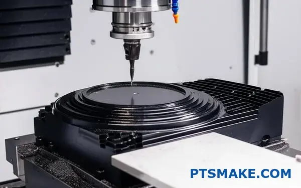 Maszyna CNC wykonująca precyzyjną obróbkę elementu z czarnego tworzywa sztucznego, minimalizując straty materiału