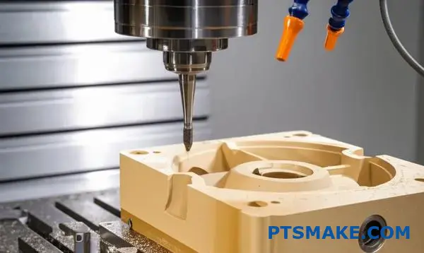 Maszyna CNC precyzyjnie obrabia komponent PEEK do zastosowań lotniczych, pokazując zaawansowane możliwości produkcyjne