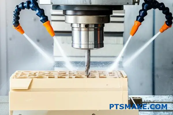 Precyzyjne frezowanie CNC części z tworzywa sztucznego PEEK demonstrujące zaawansowane możliwości obróbki wysokowydajnych komponentów polimerowych