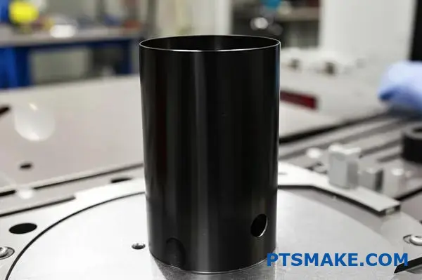 Precyzyjna, czarna, cylindryczna część PEEK prezentująca zaawansowaną jakość obróbki CNC i wykończenie powierzchni na przemysłowym stole warsztatowym