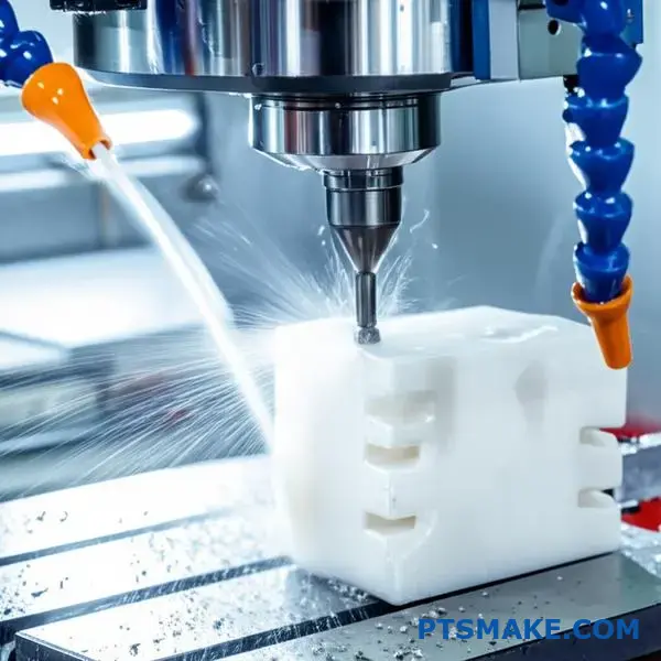 Frezarka CNC z wysokociśnieniowym systemem chłodzenia do precyzyjnej obróbki białych części z tworzywa sztucznego PEEK przy użyciu ostrych narzędzi z węglików spiekanych