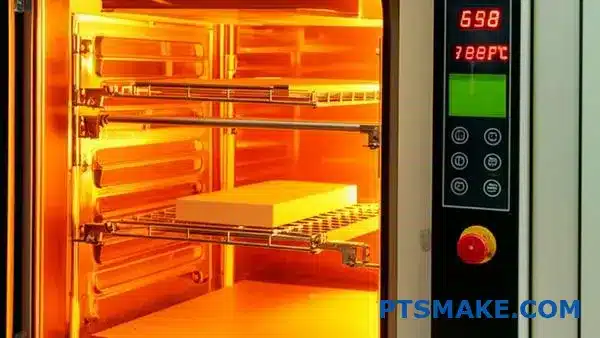 Część z tworzywa sztucznego PEEK poddawana precyzyjnemu wyżarzaniu w piecu o kontrolowanej temperaturze w celu zmniejszenia naprężeń podczas obróbki CNC