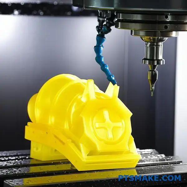 Precyzyjna obróbka CNC elementu polimerowego PEEK do zastosowań lotniczych, pokazująca szczegółowy proces cięcia