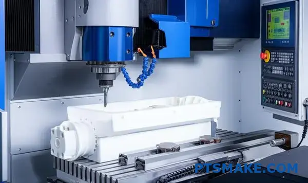 Zaawansowane centrum obróbcze CNC przetwarzające białą część z tworzywa sztucznego PEEK z precyzyjnym oprzyrządowaniem w nowoczesnym zakładzie produkcyjnym