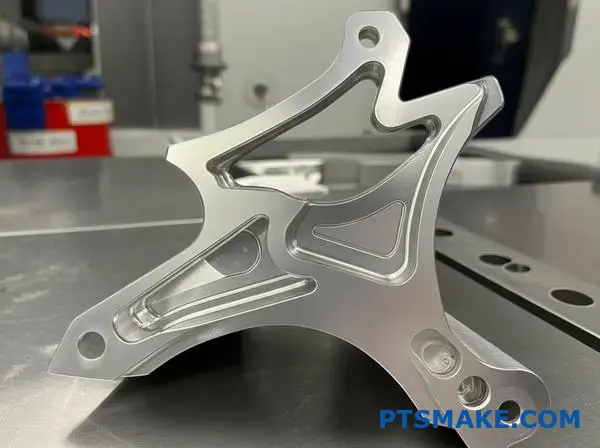 Precyzyjnie obrobiony CNC aluminiowy wspornik prezentujący precyzyjne wykończenie powierzchni i złożone cechy produkcyjne na stole warsztatowym