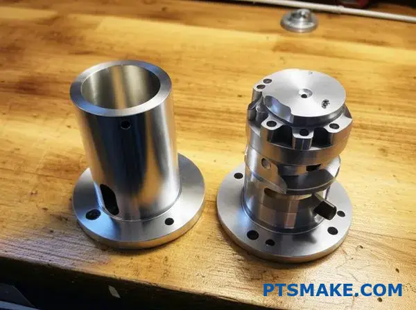 Dwa obrabiane CNC komponenty aluminiowe o różnym poziomie złożoności geometrycznej w celu optymalizacji produkcji precyzyjnej