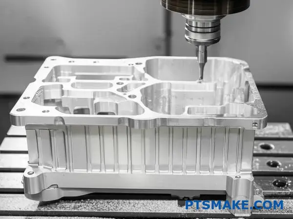 Maszyna CNC precyzyjnie tnąca złożoną aluminiową obudowę o cienkich ściankach i wysokich elementach podczas zaawansowanej obróbki skrawaniem