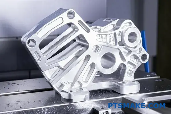 Widok z bliska precyzyjnie obrobionego aluminiowego wspornika samochodowego pokazujący złożone tolerancje obróbki CNC i jakość wykończenia powierzchni