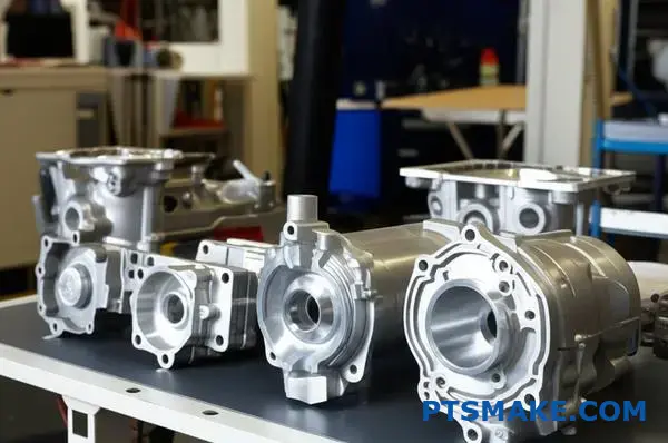 Wiele precyzyjnie obrobionych części samochodowych o różnych właściwościach wykończenia powierzchni i tolerancjach produkcyjnych na stole inspekcyjnym