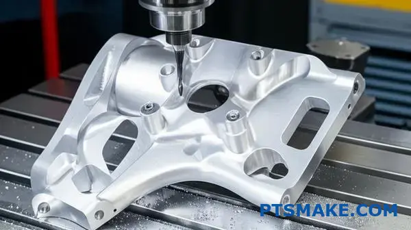 Frezarka CNC wykonująca skomplikowane operacje obróbcze na złożonym aluminiowym elemencie lotniczym z wieloma funkcjami