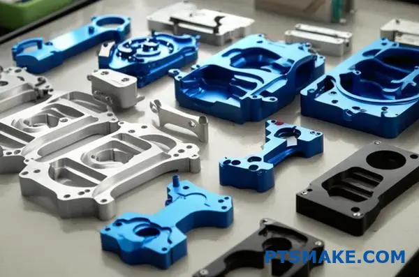 Różne precyzyjnie obrabiane komponenty aluminiowe prezentujące złożone możliwości produkcyjne CNC i szczegółowe wykończenia powierzchni