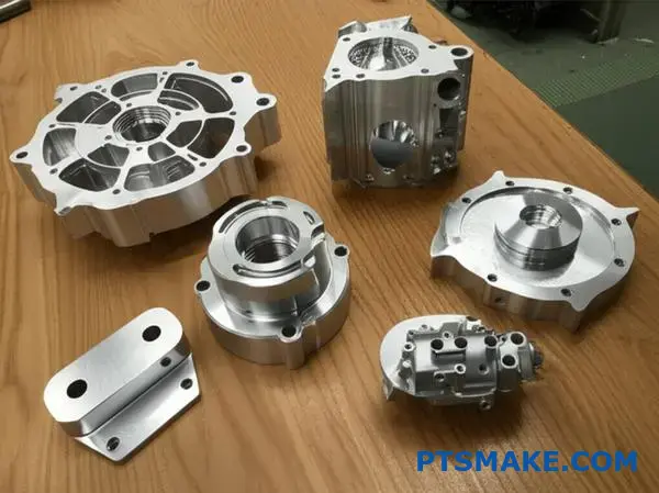 Różne precyzyjnie obrobione komponenty motoryzacyjne wykazujące różne poziomy złożoności do analizy kosztów produkcji CNC