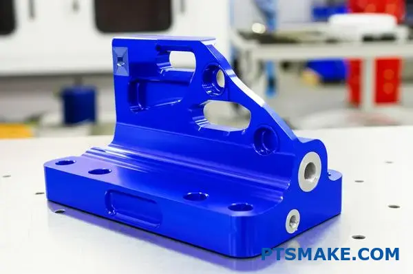 Złożony niebieski aluminiowy wspornik obrabiany CNC, prezentujący wąskie tolerancje i możliwości precyzyjnej produkcji do zastosowań motoryzacyjnych