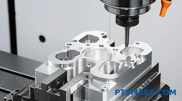 Frezarka CNC pracująca nad złożoną częścią aluminiową, pokazująca kwestie dostępności narzędzi w obróbce precyzyjnej