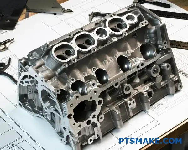 Precyzyjnie obrobiona aluminiowa część silnika prezentująca złożone możliwości produkcyjne CNC ze szczegółowymi cechami powierzchni