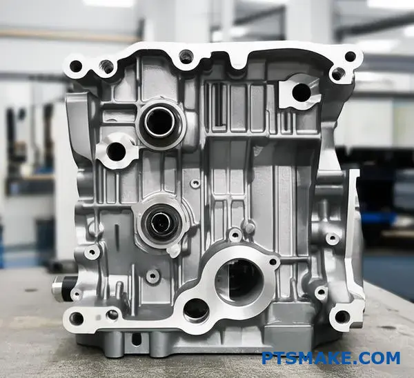 Szczegółowy widok precyzyjnie obrobionej aluminiowej obudowy przekładni prezentującej złożone możliwości produkcyjne CNC i wąskie tolerancje.