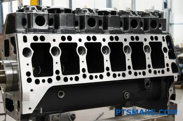 Precyzyjnie obrobiony duży stalowy blok silnika do ciężkich zastosowań transportowych, wykazujący jakość produkcji CNC