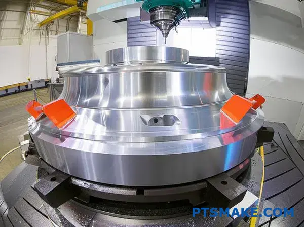 Przemysłowa frezarka CNC przetwarzająca duży tytanowy element lotniczy z precyzyjnym oprzyrządowaniem i wytrzymałymi systemami mocowania